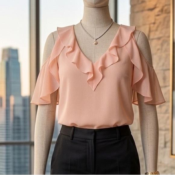 Alice + Olivia Peach Cold-Shoulder Ruffle V-Neck Blouse - Picture 2 of 9